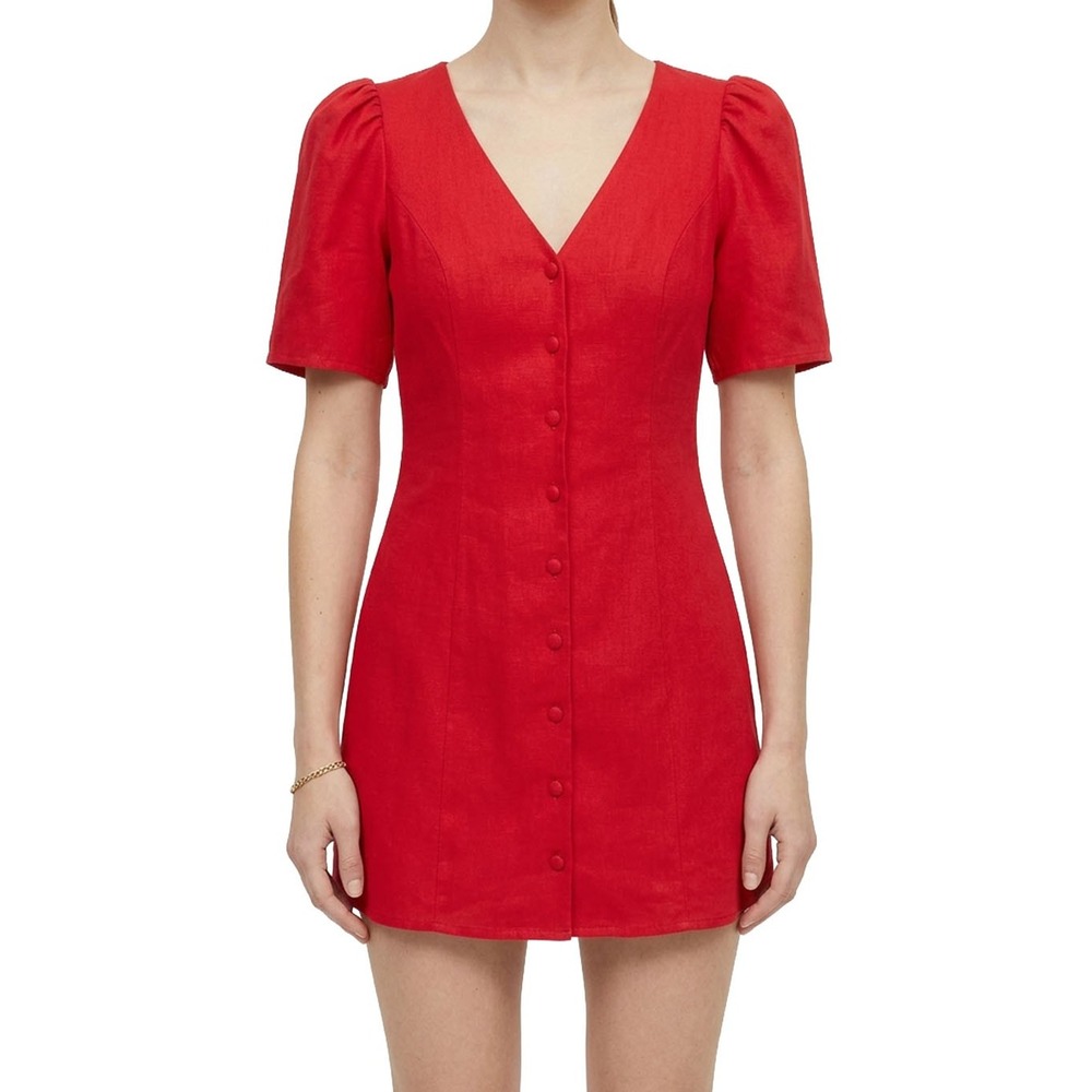 Reformation Joelle Linen Mini Dress Cherry Red Button Front Puff Sleeve 2